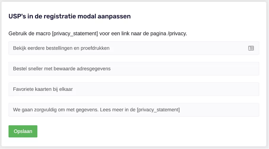 USPregistratiemodal CMS - Algemene Instellingen